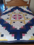 Handmade Queen Quilt – Log Cabin Block, Southwestern Style, Blues Pink Yellow